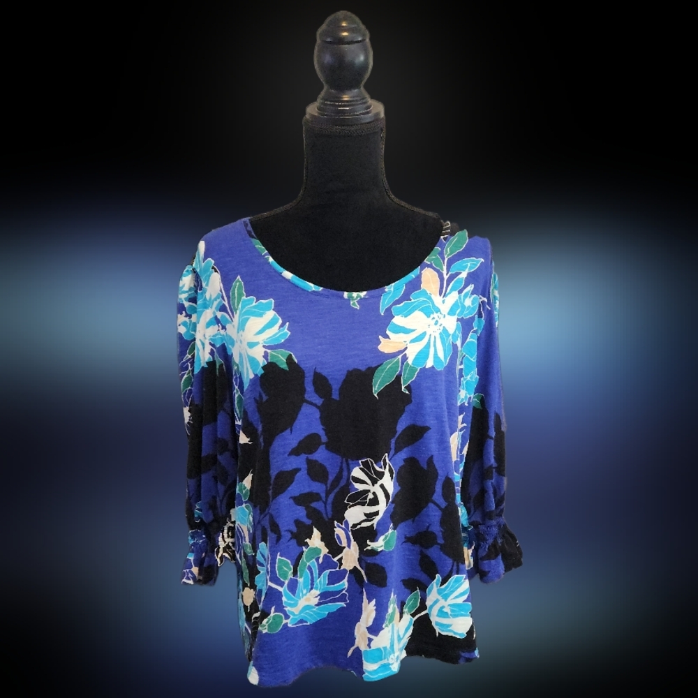 #C115 Chico’s Women’s Plus Size Blue & Black Floral Print Tunic